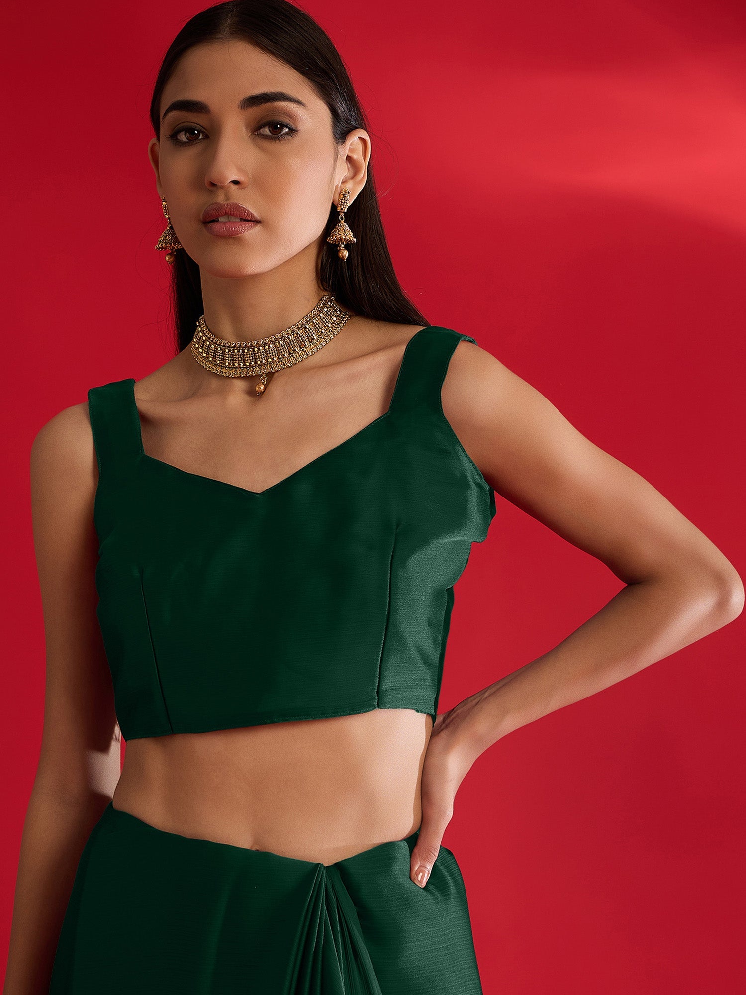 Emerald Green Satin Saree - Ressa