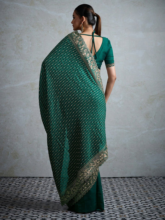 Emerald Green Silk Blend Embroidered Saree - Ressa