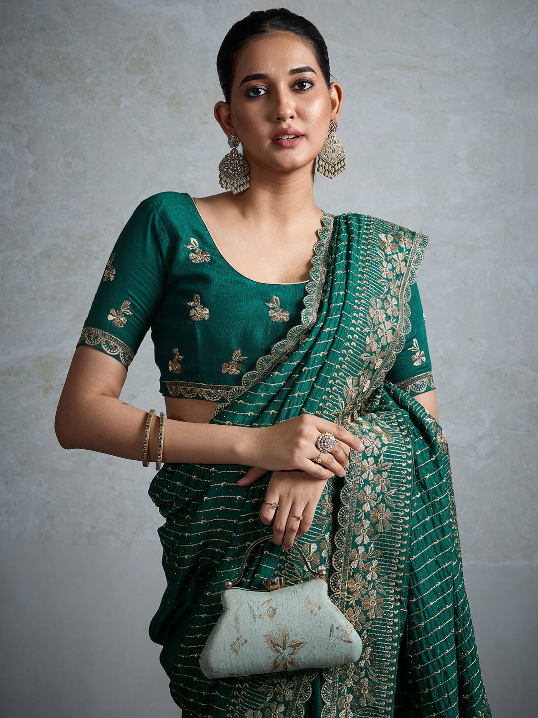 Emerald Green Silk Blend Embroidered Saree - Ressa