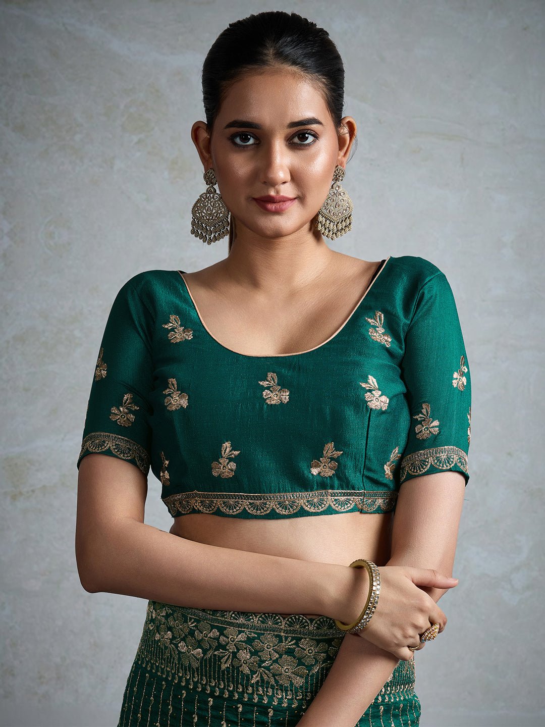 Emerald Green Silk Blend Embroidered Saree - Ressa