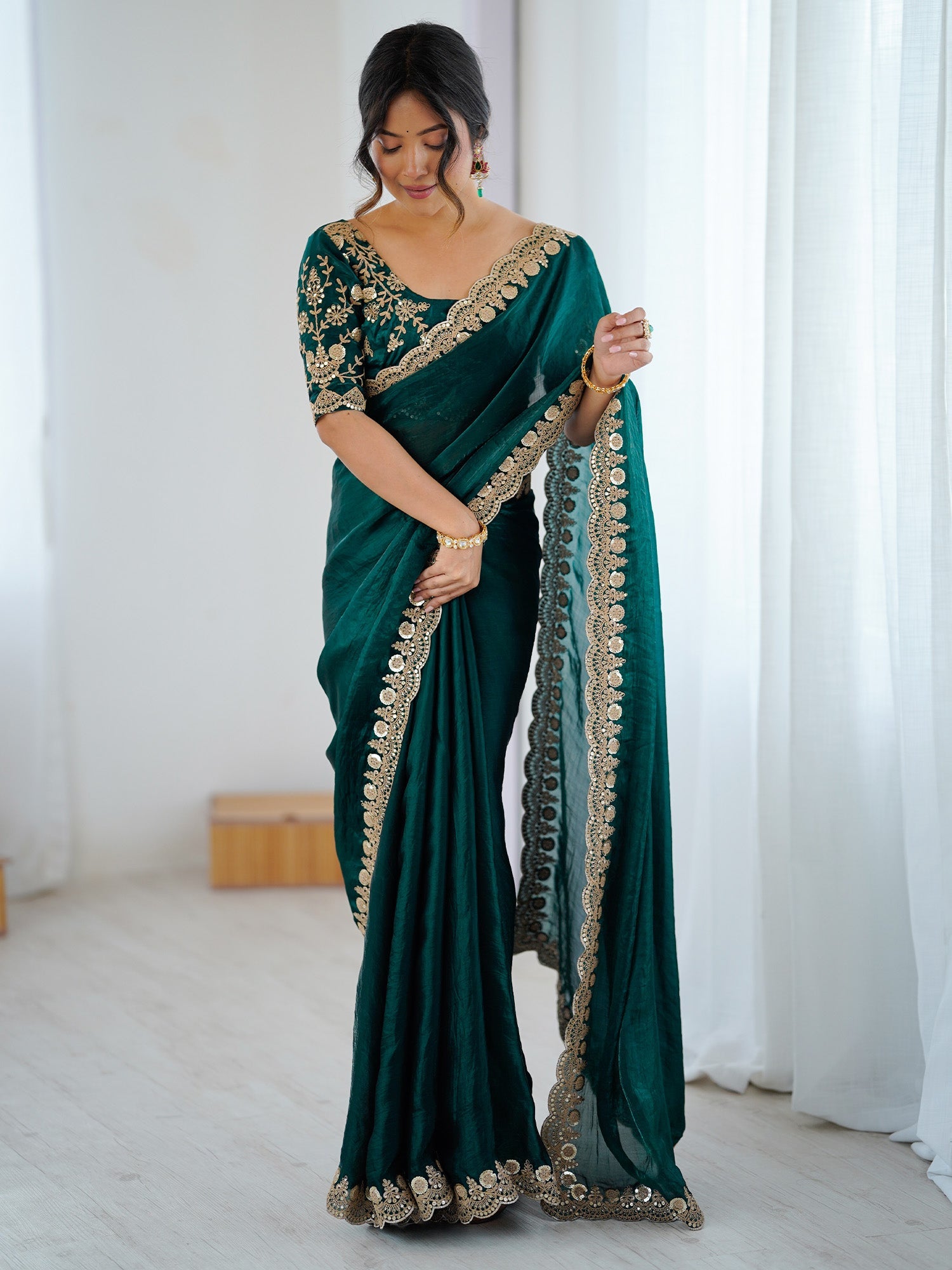 Emerald Green Tissu Silk Heavy Zari Embroidered Scalloped Border Designer Blouse Saree - Ressa