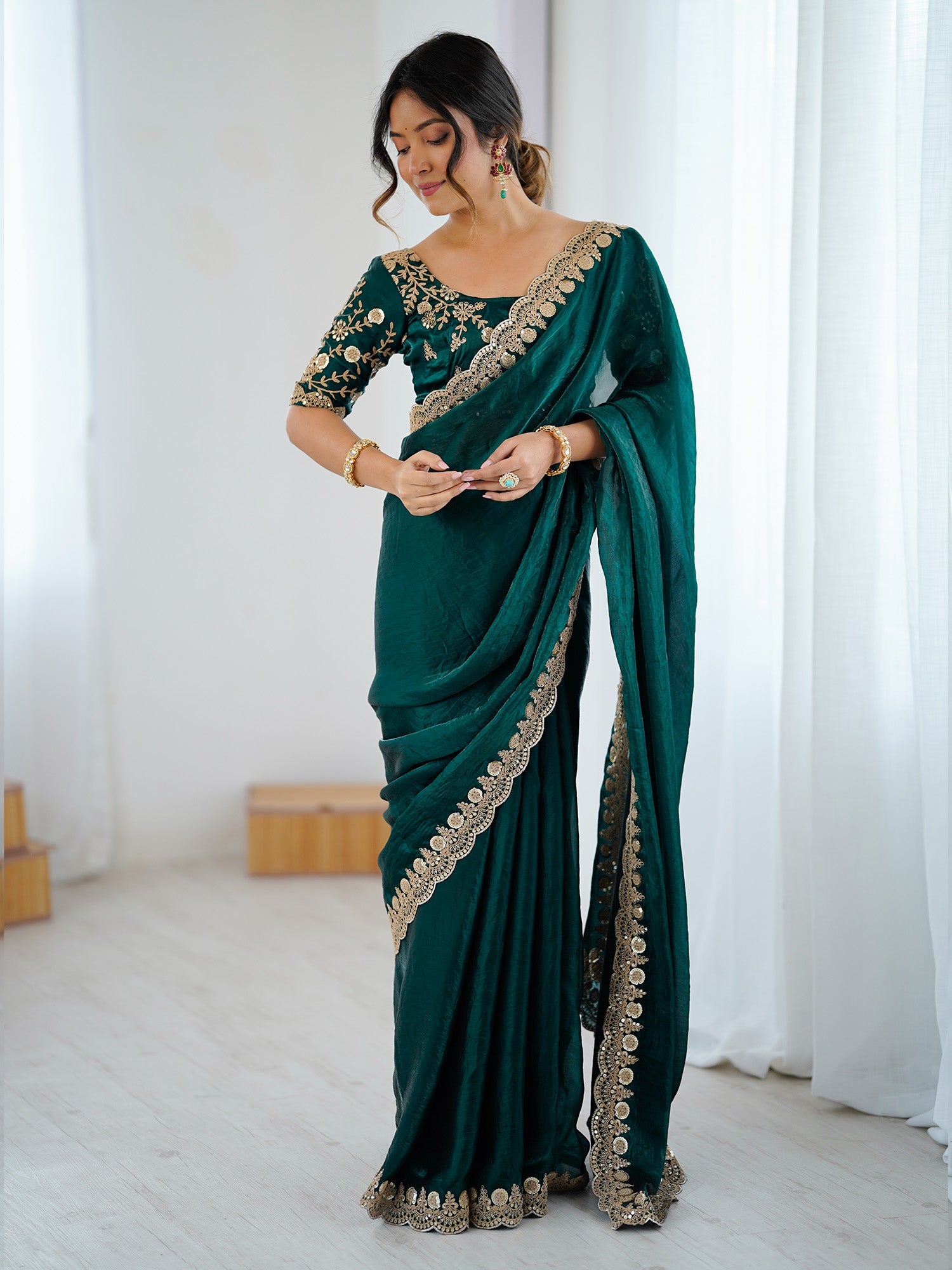 Emerald Green Tissu Silk Heavy Zari Embroidered Scalloped Border Designer Blouse Saree - Ressa