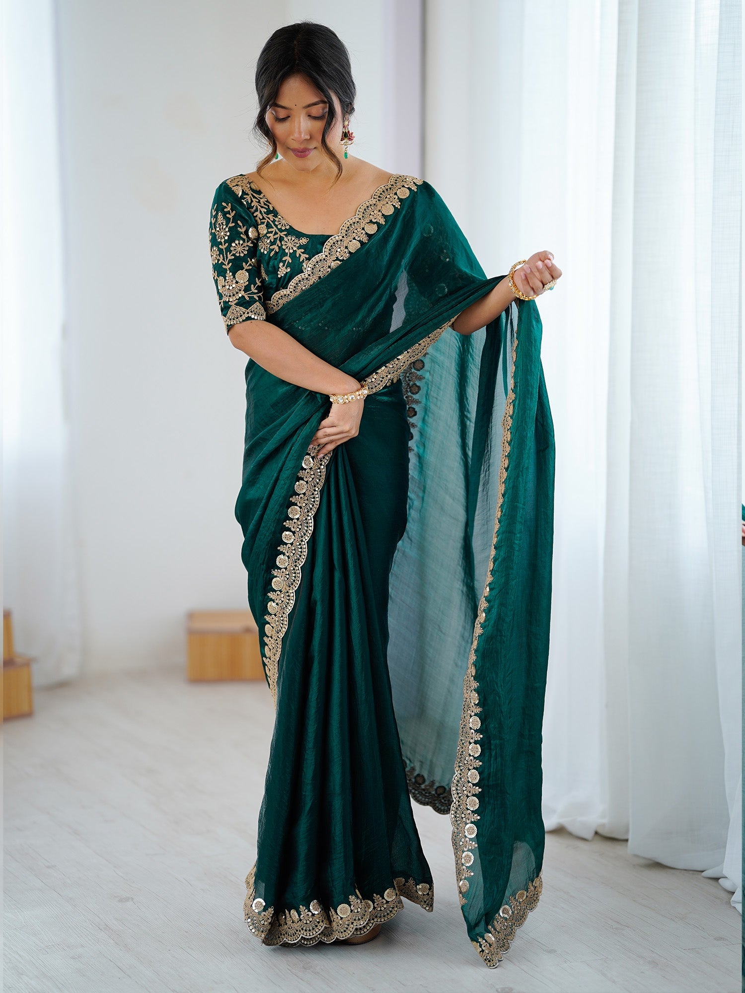 Emerald Green Tissu Silk Heavy Zari Embroidered Scalloped Border Designer Blouse Saree - Ressa