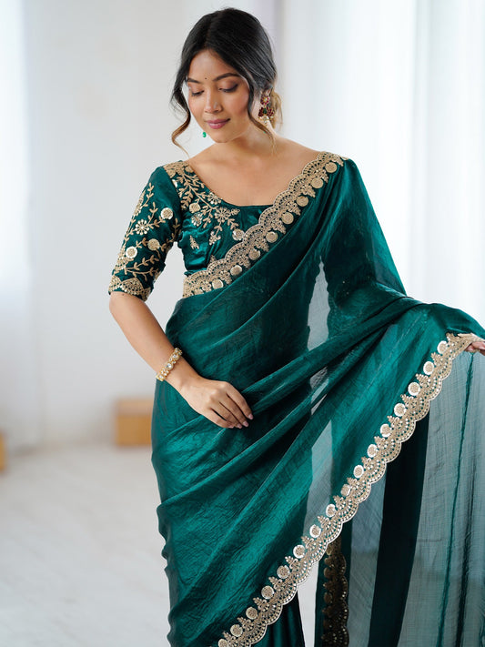 Emerald Green Tissu Silk Heavy Zari Embroidered Scalloped Border Designer Blouse Saree - Ressa