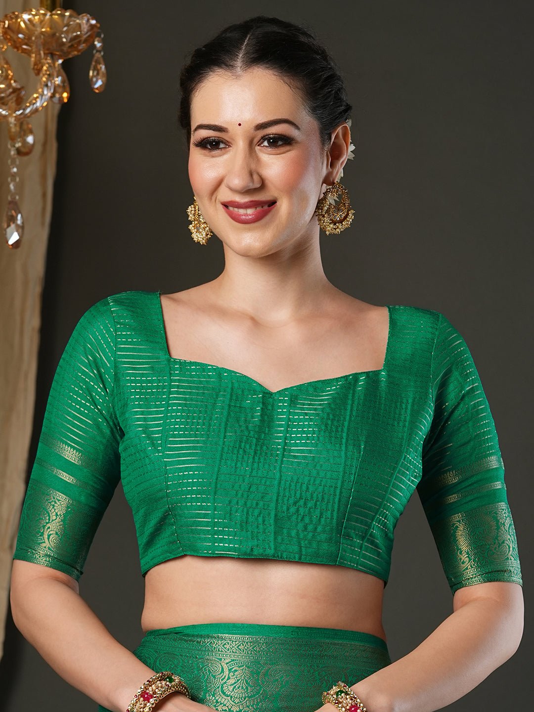 Emerald Green Tissue Silk Saree with Zari Border - Ressa
