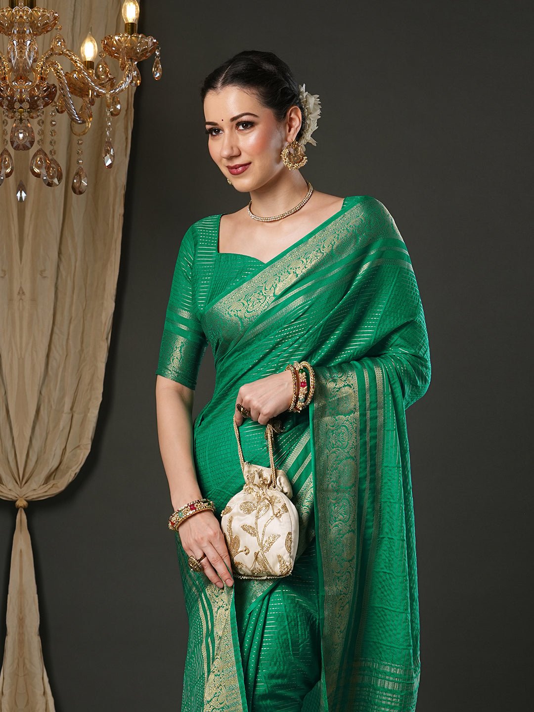 Emerald Green Tissue Silk Saree with Zari Border - Ressa