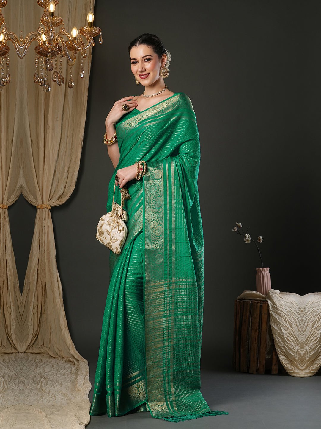 Emerald Green Tissue Silk Saree with Zari Border - Ressa