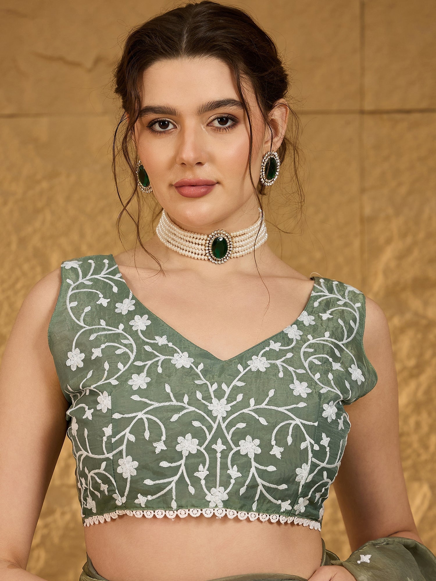 Ethnic Motif Sea Green Embroidered Saree - Ressa