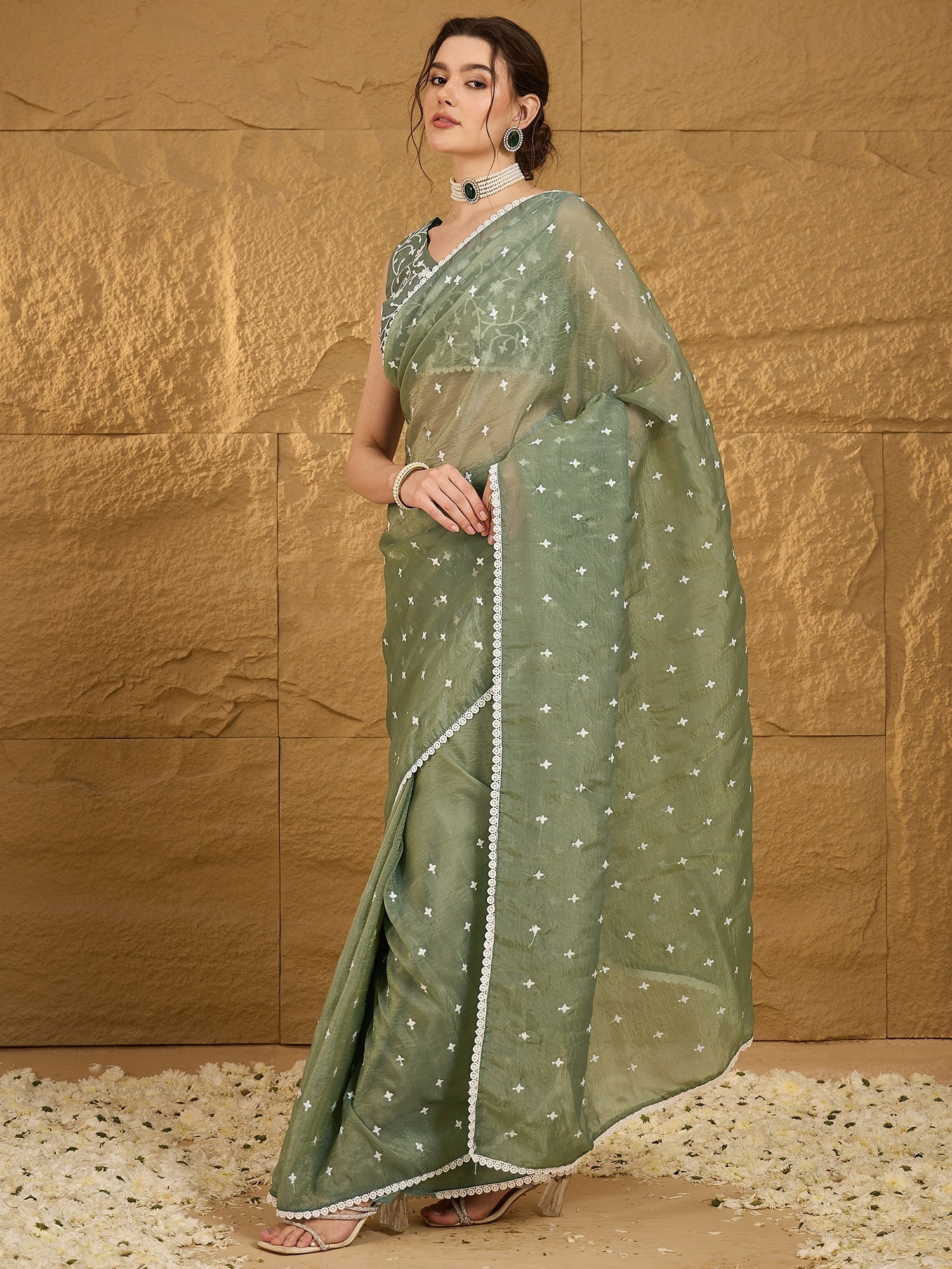 Ethnic Motif Sea Green Embroidered Saree - Ressa