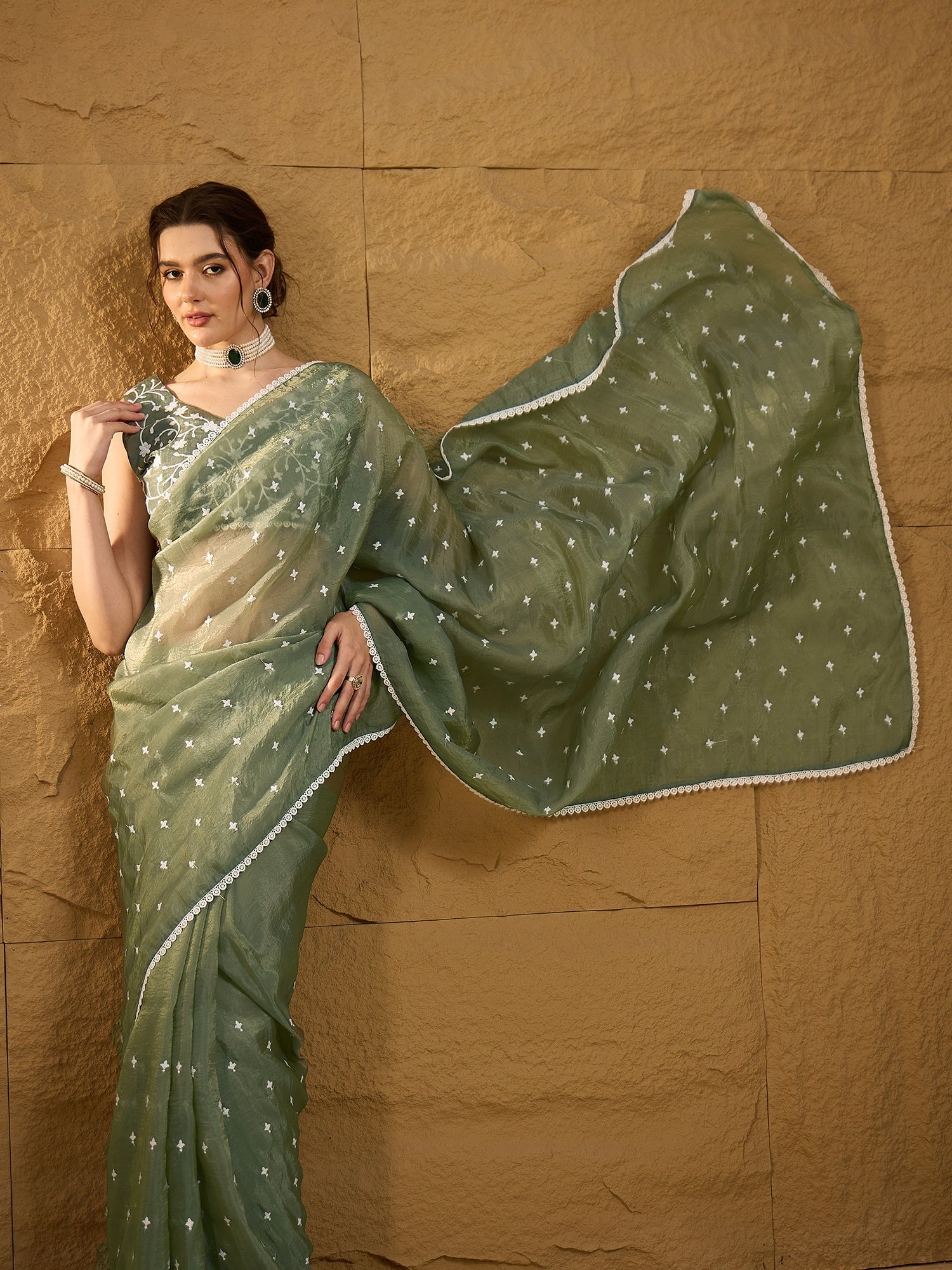 Ethnic Motif Sea Green Embroidered Saree - Ressa