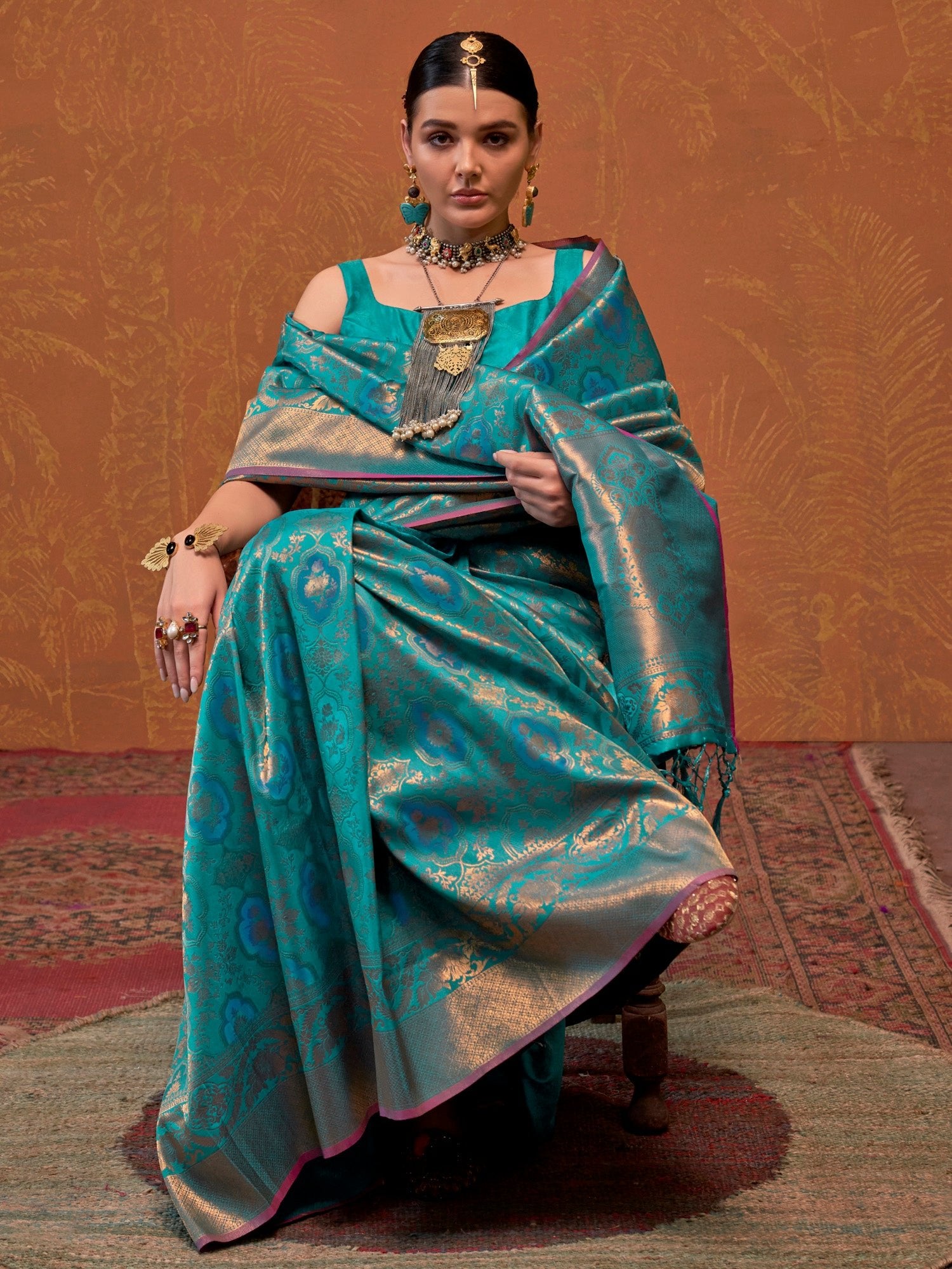 Feroza Blue Banarasi Silk Zari Weaving Tree of Life Saree - Ressa