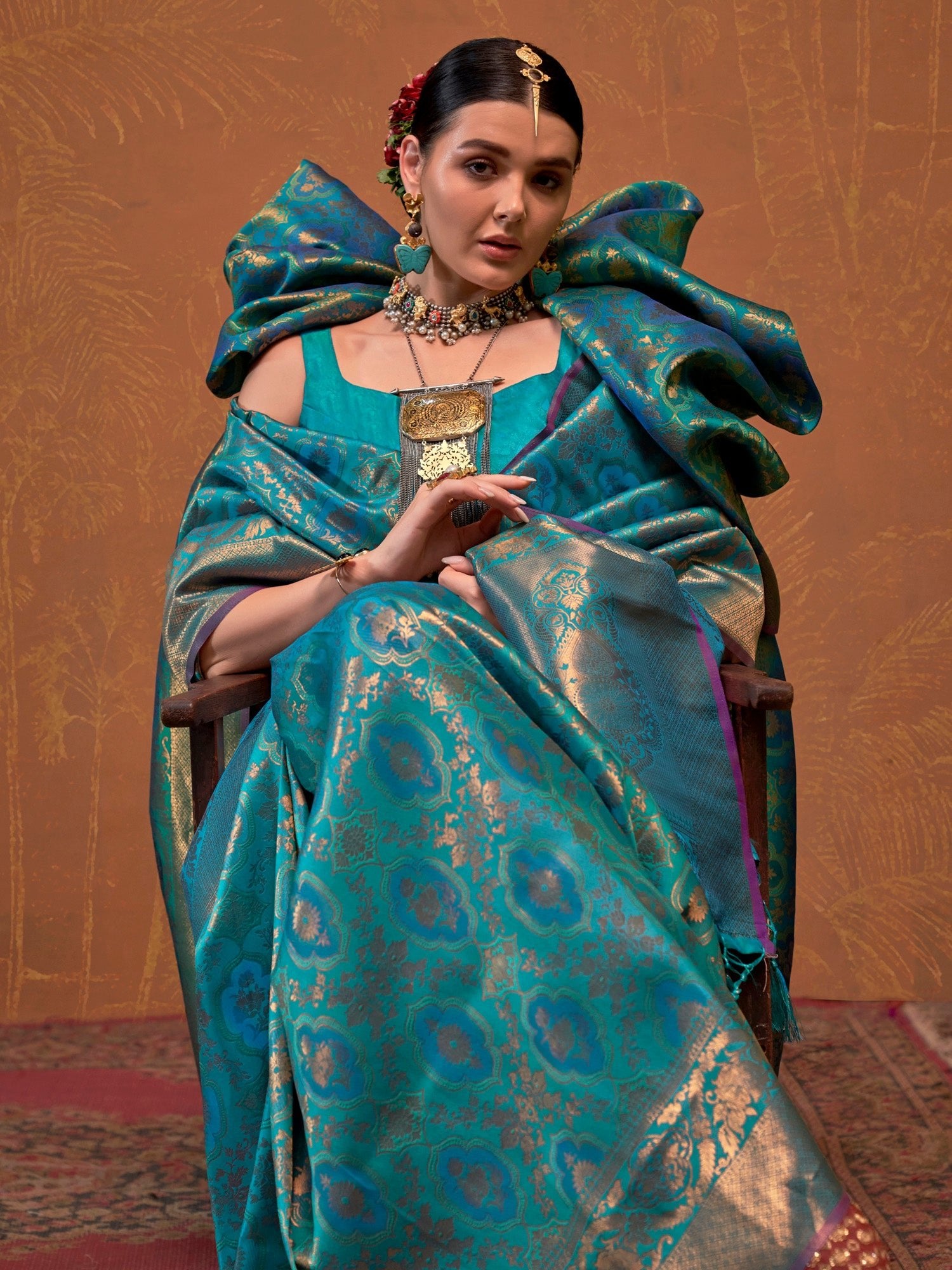 Feroza Blue Banarasi Silk Zari Weaving Tree of Life Saree - Ressa