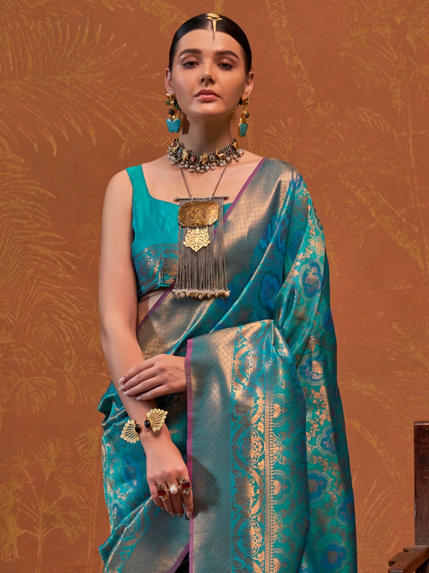 Feroza Blue Banarasi Silk Zari Weaving Tree of Life Saree - Ressa