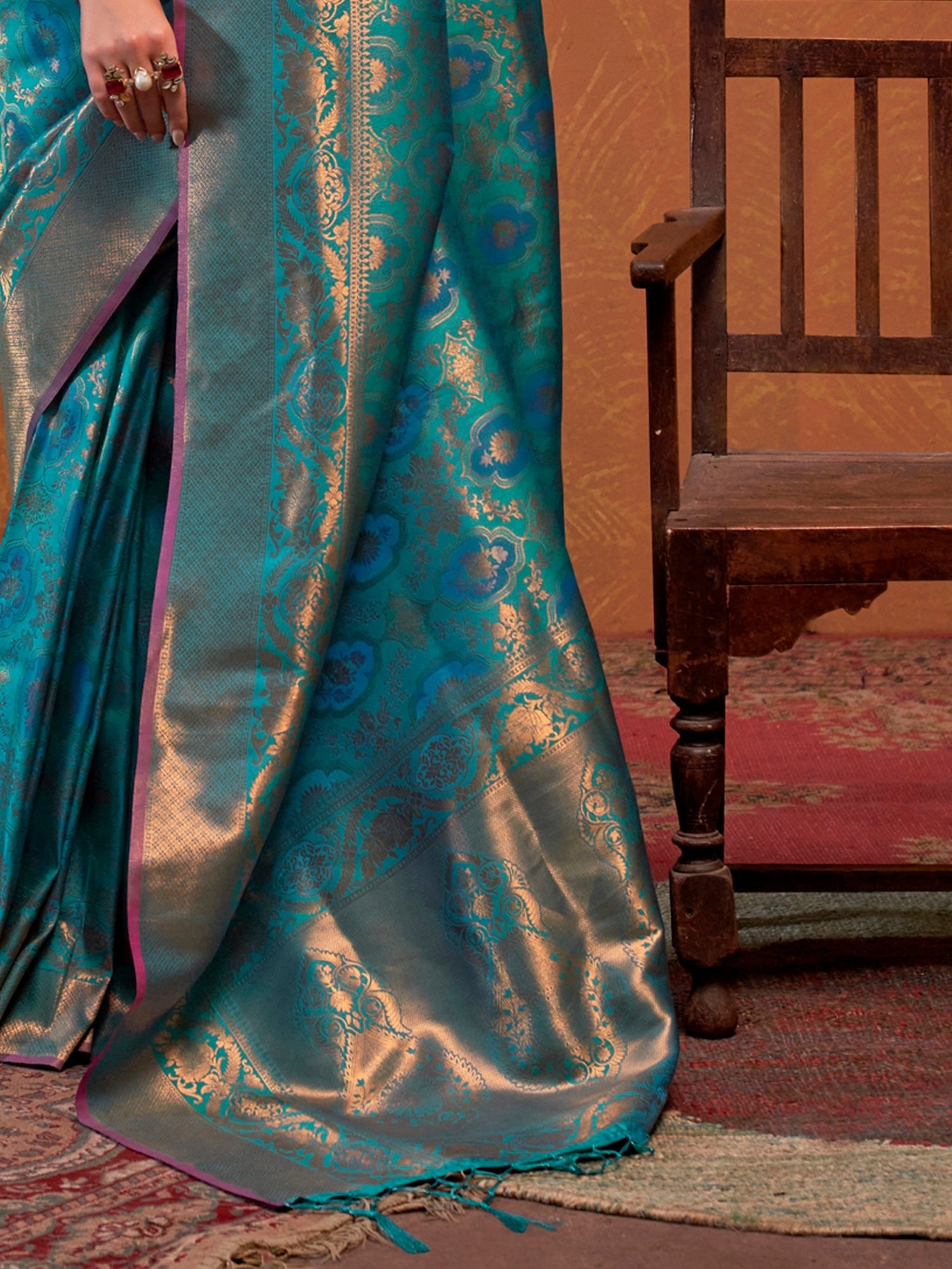 Feroza Blue Banarasi Silk Zari Weaving Tree of Life Saree - Ressa