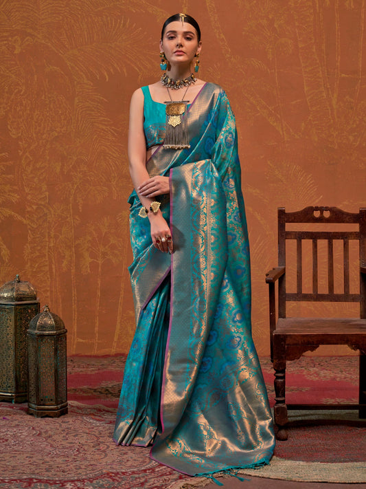 Feroza Blue Banarasi Silk Zari Weaving Tree of Life Saree - Ressa