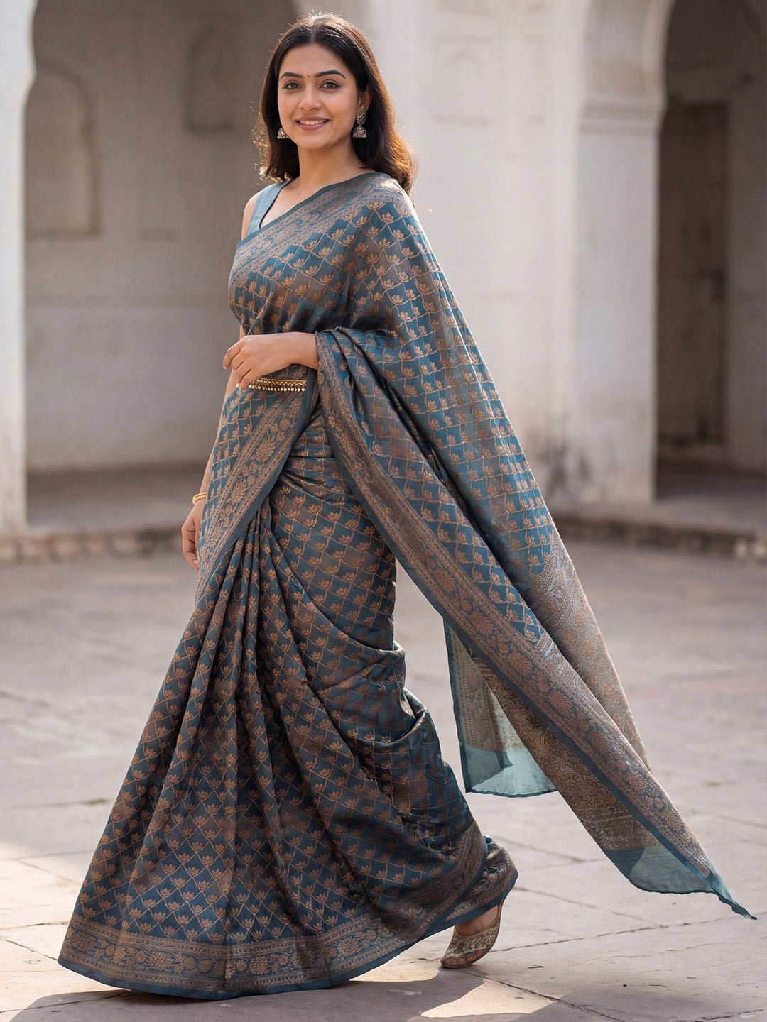 Teal Blue Banarasi Silk Saree - Ressa
