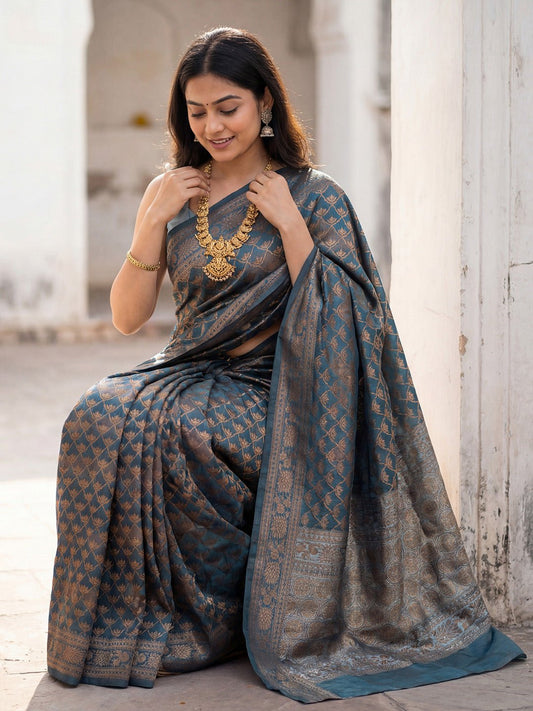 Teal Blue Banarasi Silk Saree - Ressa