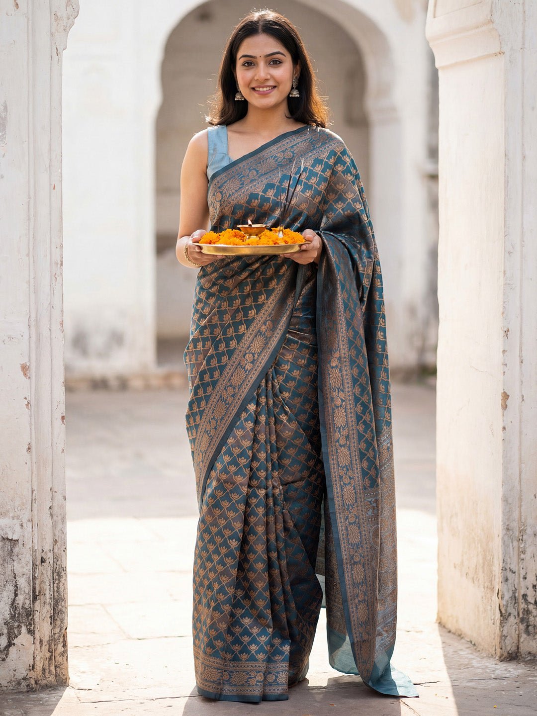 Teal Blue Banarasi Silk Saree - Ressa