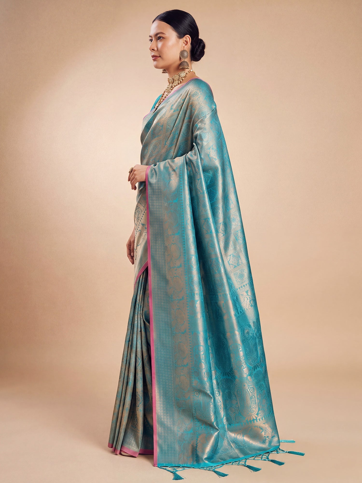 Firozi Blue Gold Kanjeevaram Silk Saree - Ressa