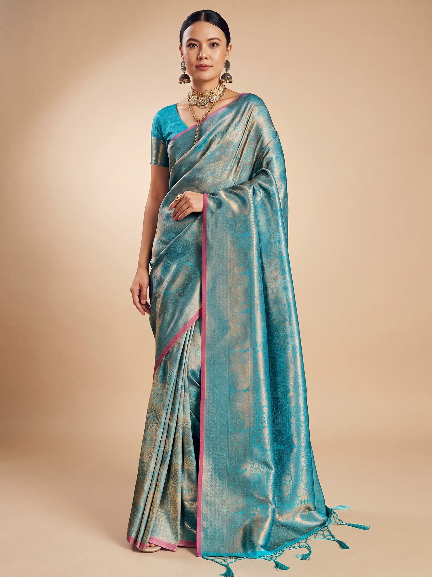 Firozi Blue Gold Kanjeevaram Silk Saree - Ressa