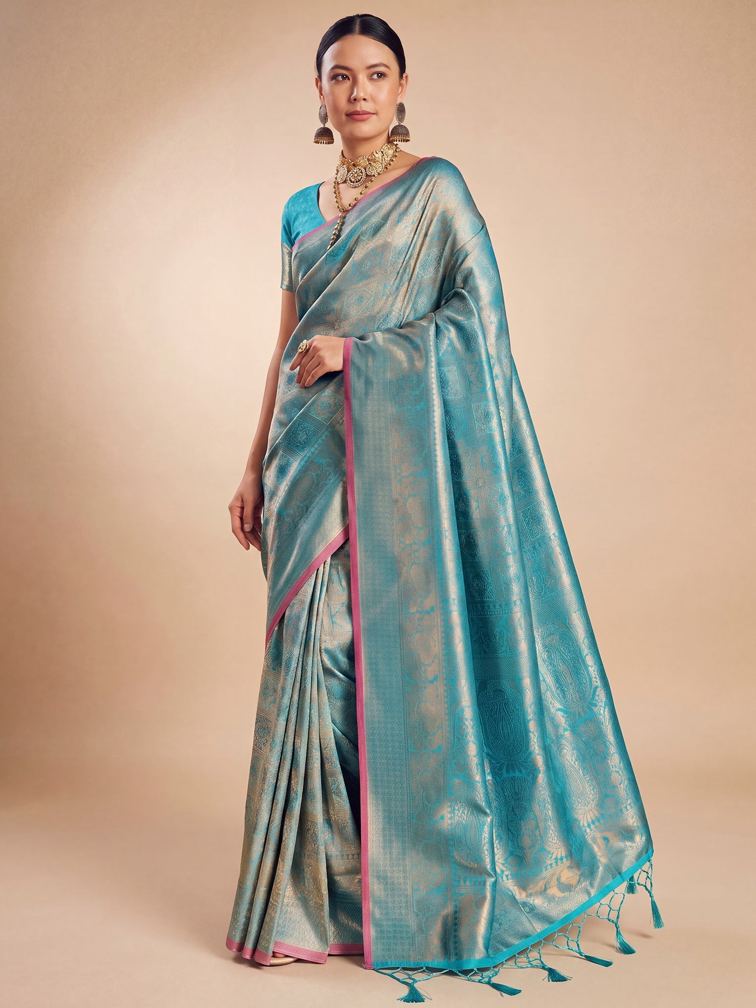 Firozi Blue Gold Kanjeevaram Silk Saree - Ressa
