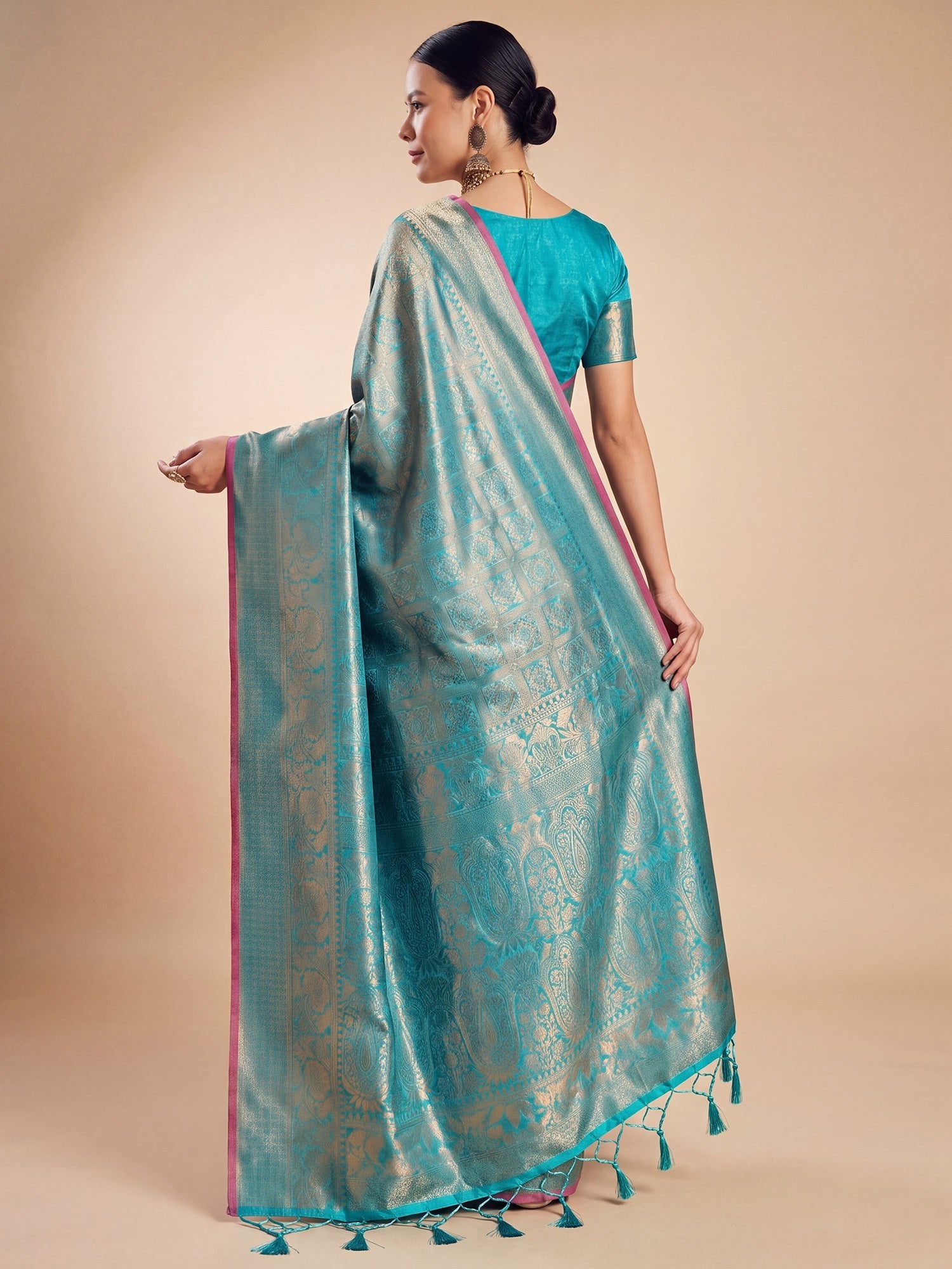 Firozi Blue Gold Kanjeevaram Silk Saree - Ressa