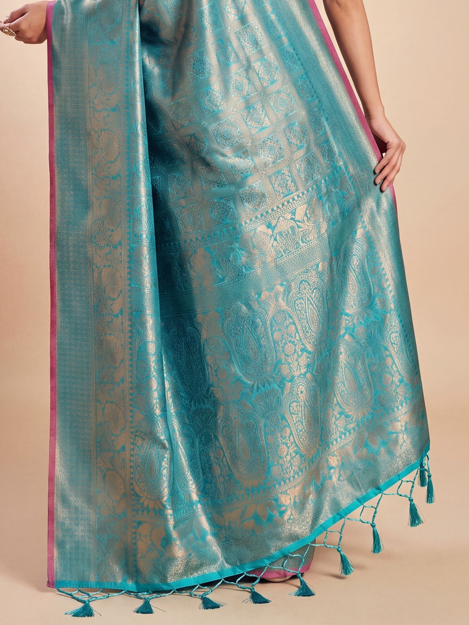 Firozi Blue Gold Kanjeevaram Silk Saree - Ressa