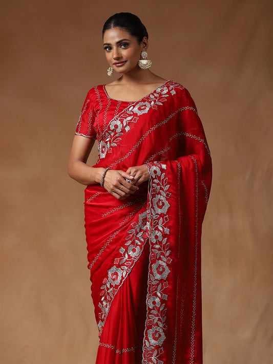 Floral Beads and Stones Satin Designer Sarees - Ressa