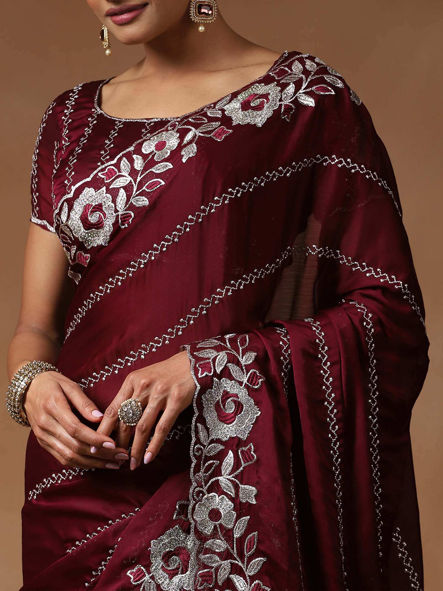 Floral Embroidered Beads and Stones Satin Saree - Ressa