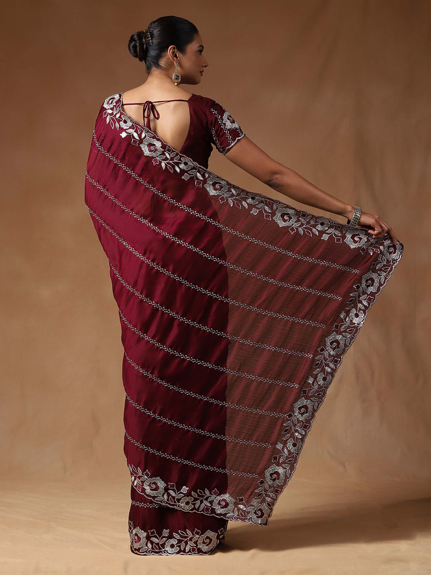 Floral Embroidered Beads and Stones Satin Saree - Ressa