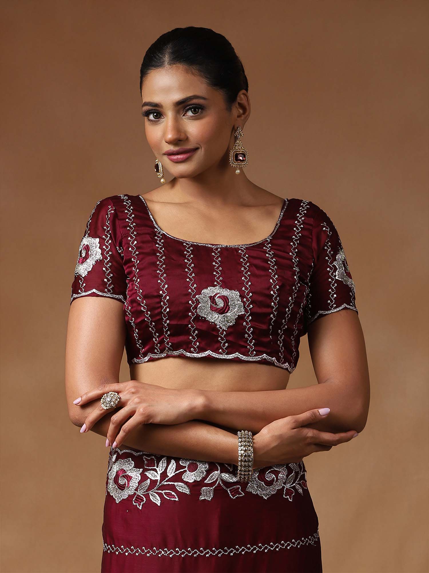 Floral Embroidered Beads and Stones Satin Saree - Ressa