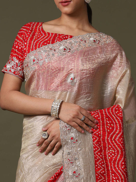 Floral Embroidered Tissue Heavy Work Sarees - Ressa
