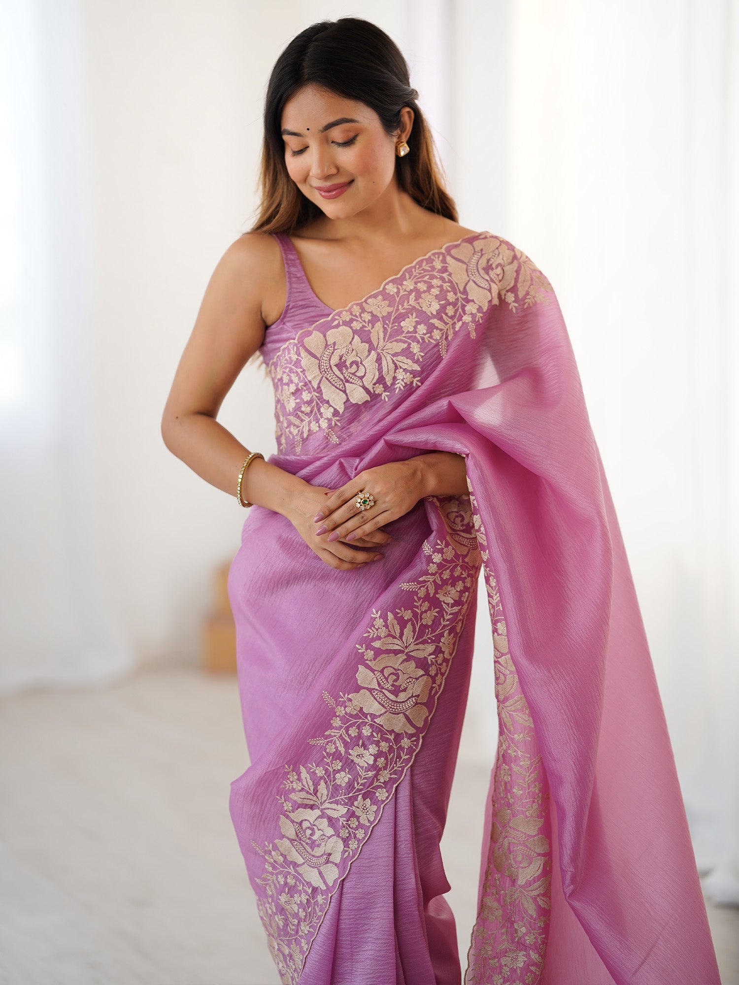 Floral Embroidered Tissue Saree - Ressa