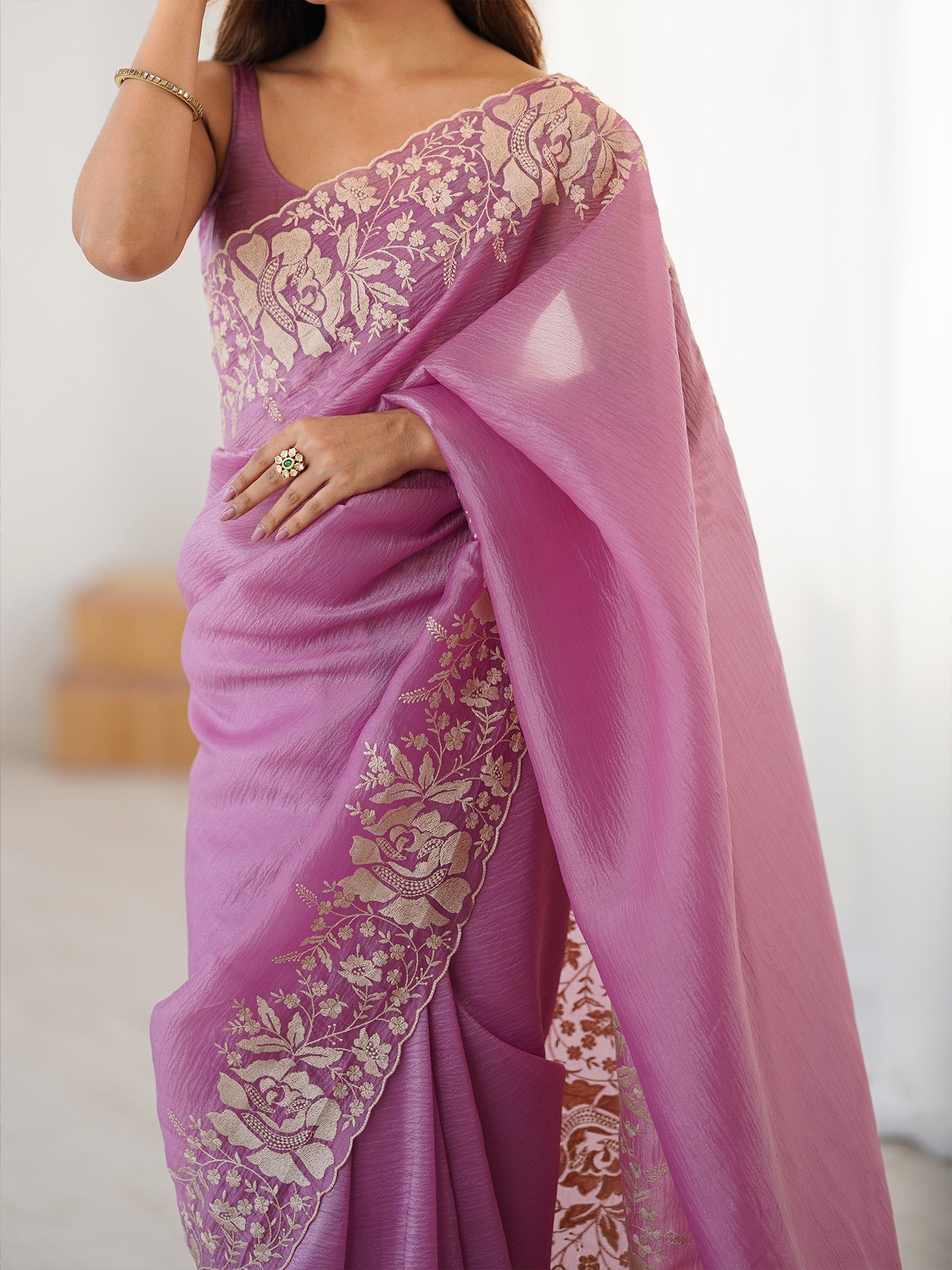 Floral Embroidered Tissue Saree - Ressa