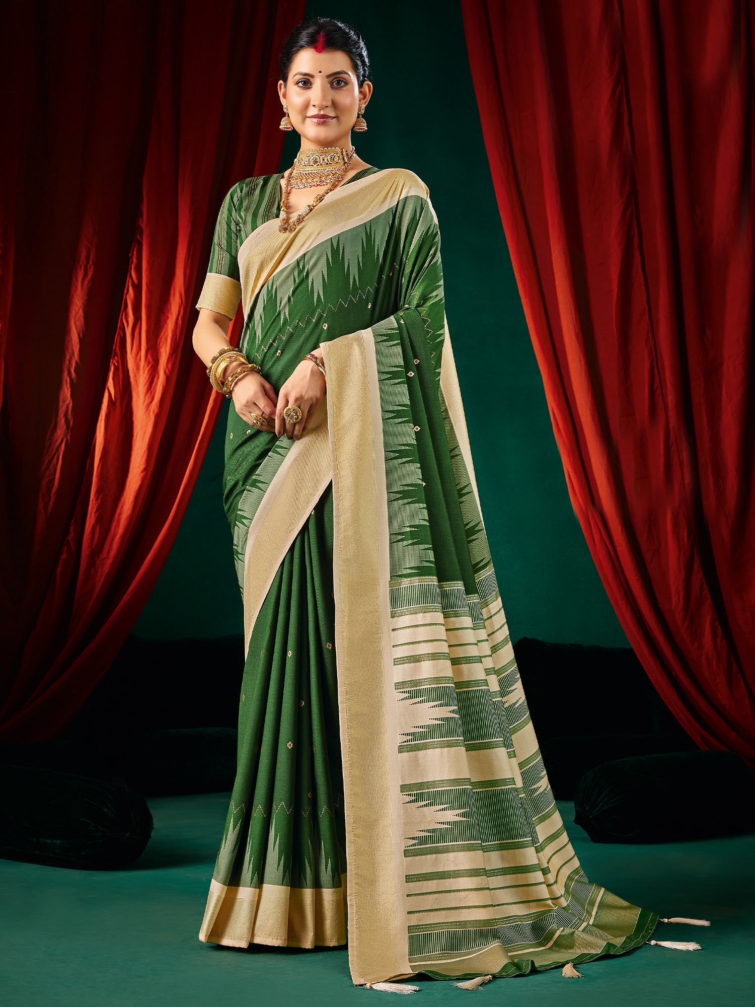 Forest Green Ikkat Silk Saree with Cream Zari Pallu - Ressa
