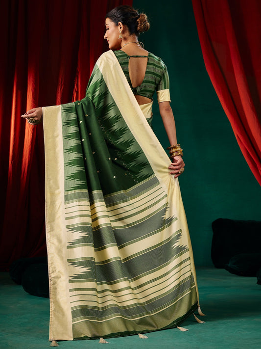 Forest Green Ikkat Silk Saree with Cream Zari Pallu - Ressa