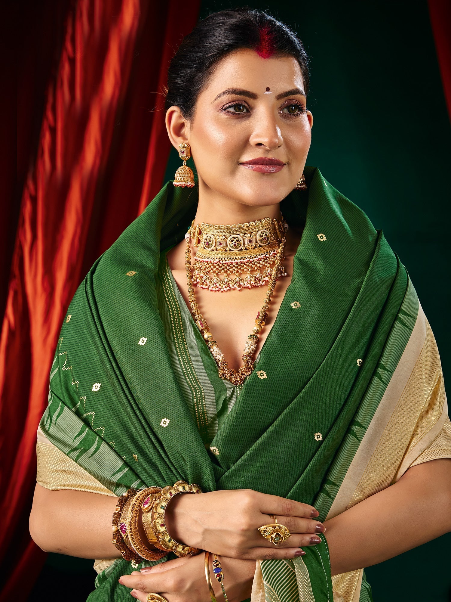 Forest Green Ikkat Silk Saree with Cream Zari Pallu - Ressa