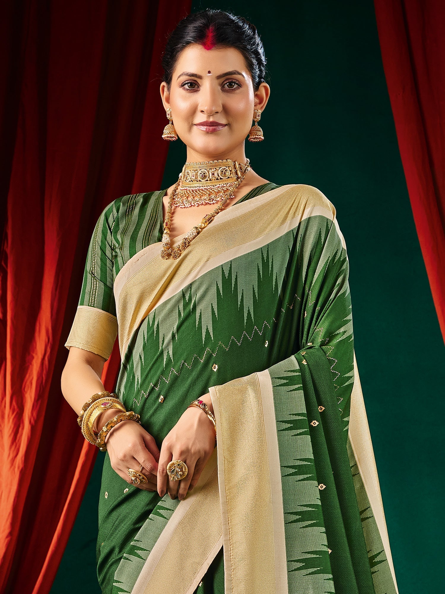 Forest Green Ikkat Silk Saree with Cream Zari Pallu - Ressa