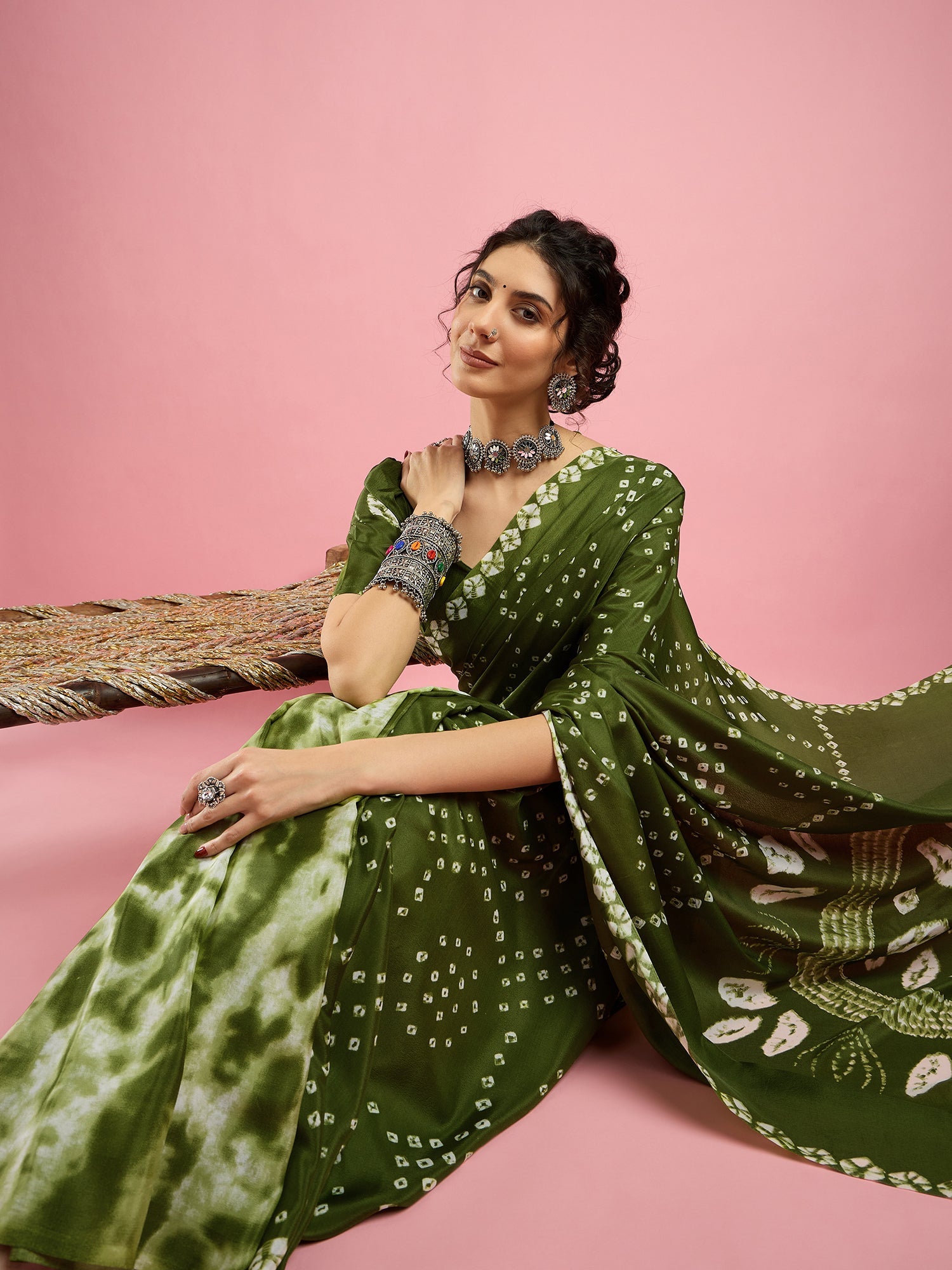 Forest Green silk Bandhnai Saree - Ressa