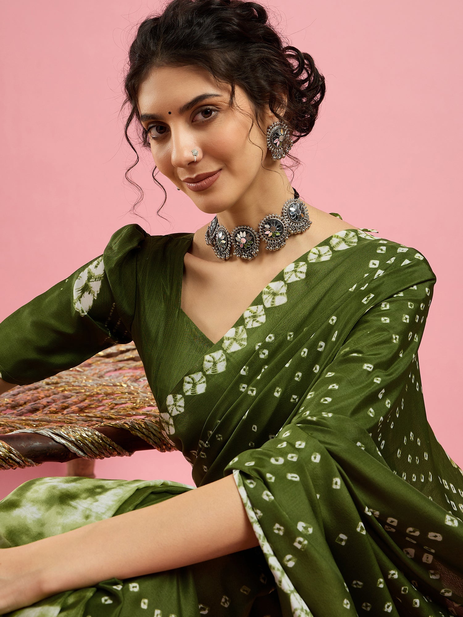 Forest Green silk Bandhnai Saree - Ressa