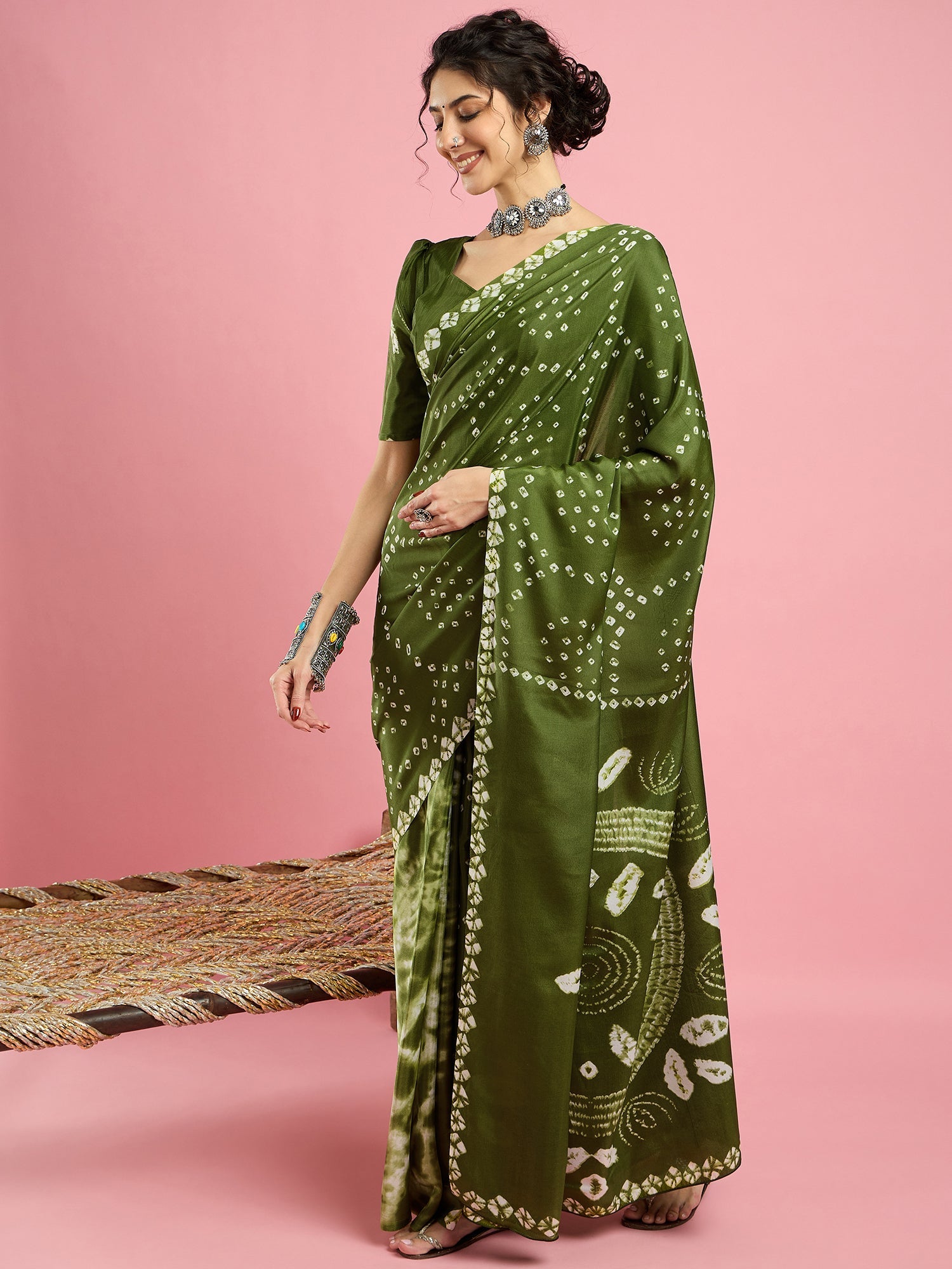 Forest Green silk Bandhnai Saree - Ressa
