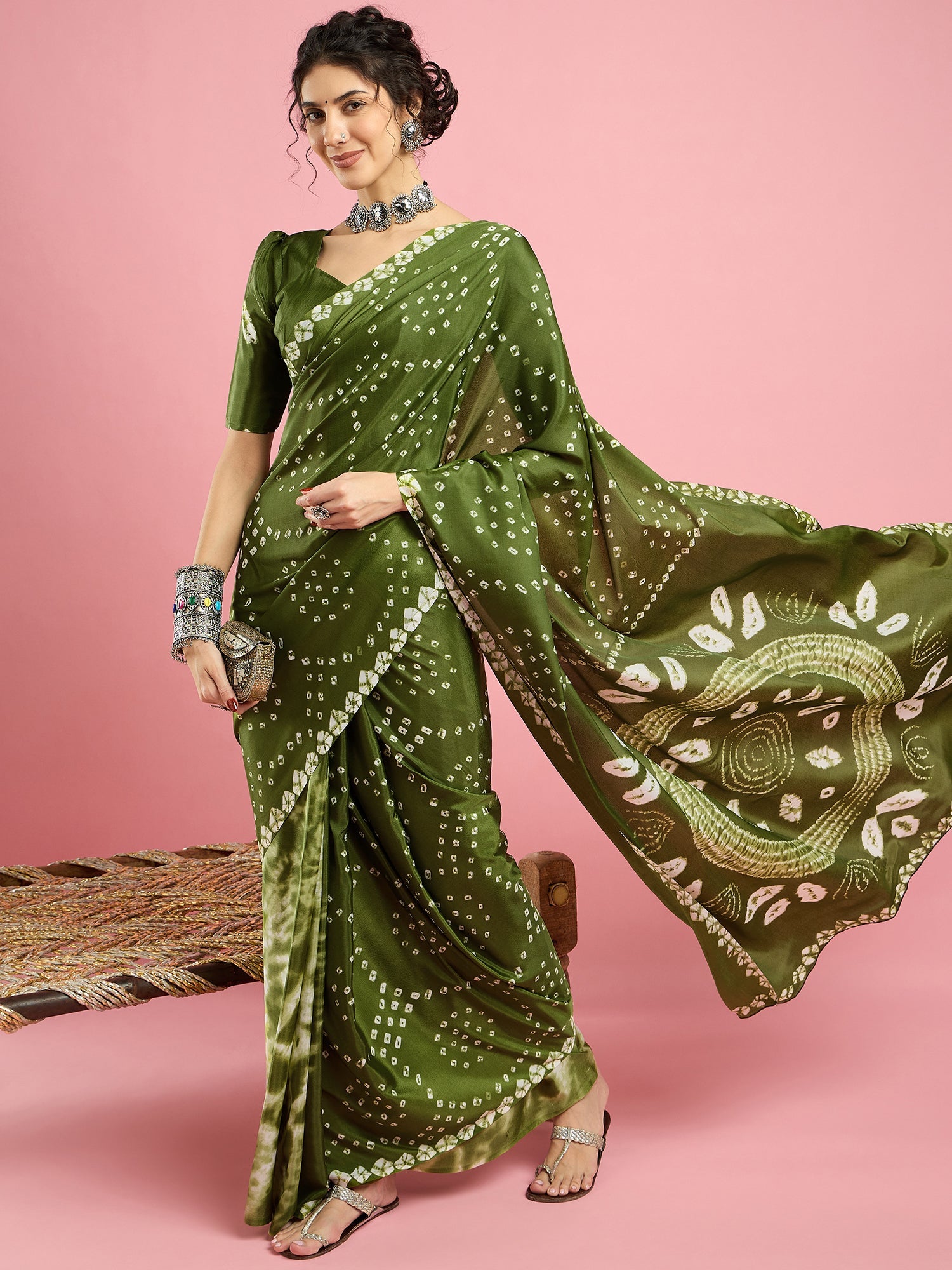 Forest Green silk Bandhnai Saree - Ressa