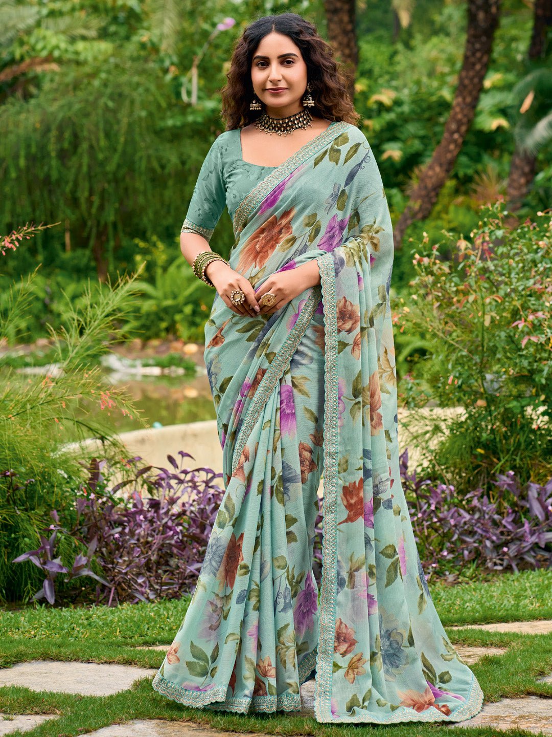 Sea Green Chiffon Floral Printed Saree - Ressa