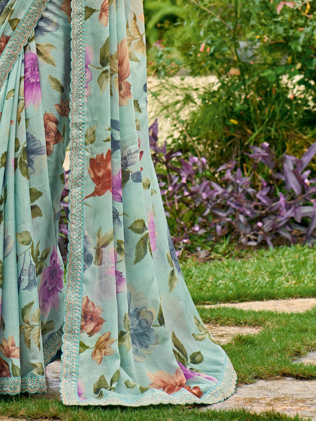 Sea Green Chiffon Floral Printed Saree - Ressa