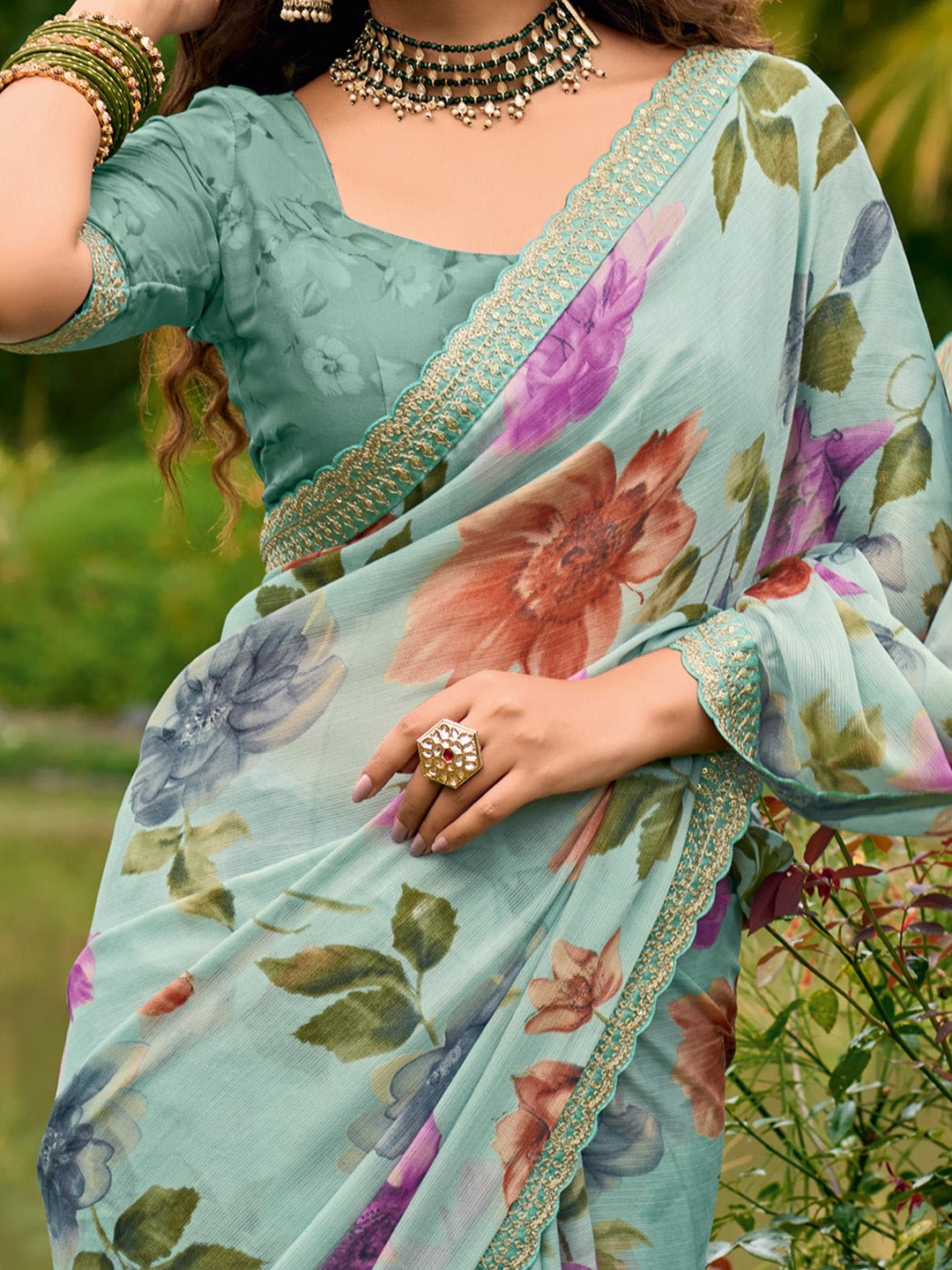 Sea Green Chiffon Floral Printed Saree - Ressa