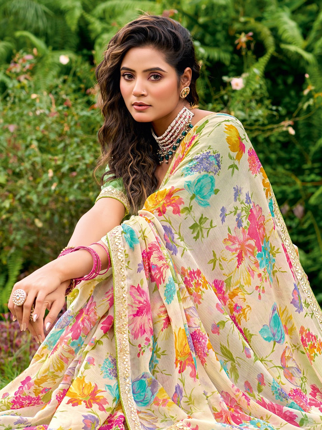 Chiffon Cream Simple Wear Saree - Ressa