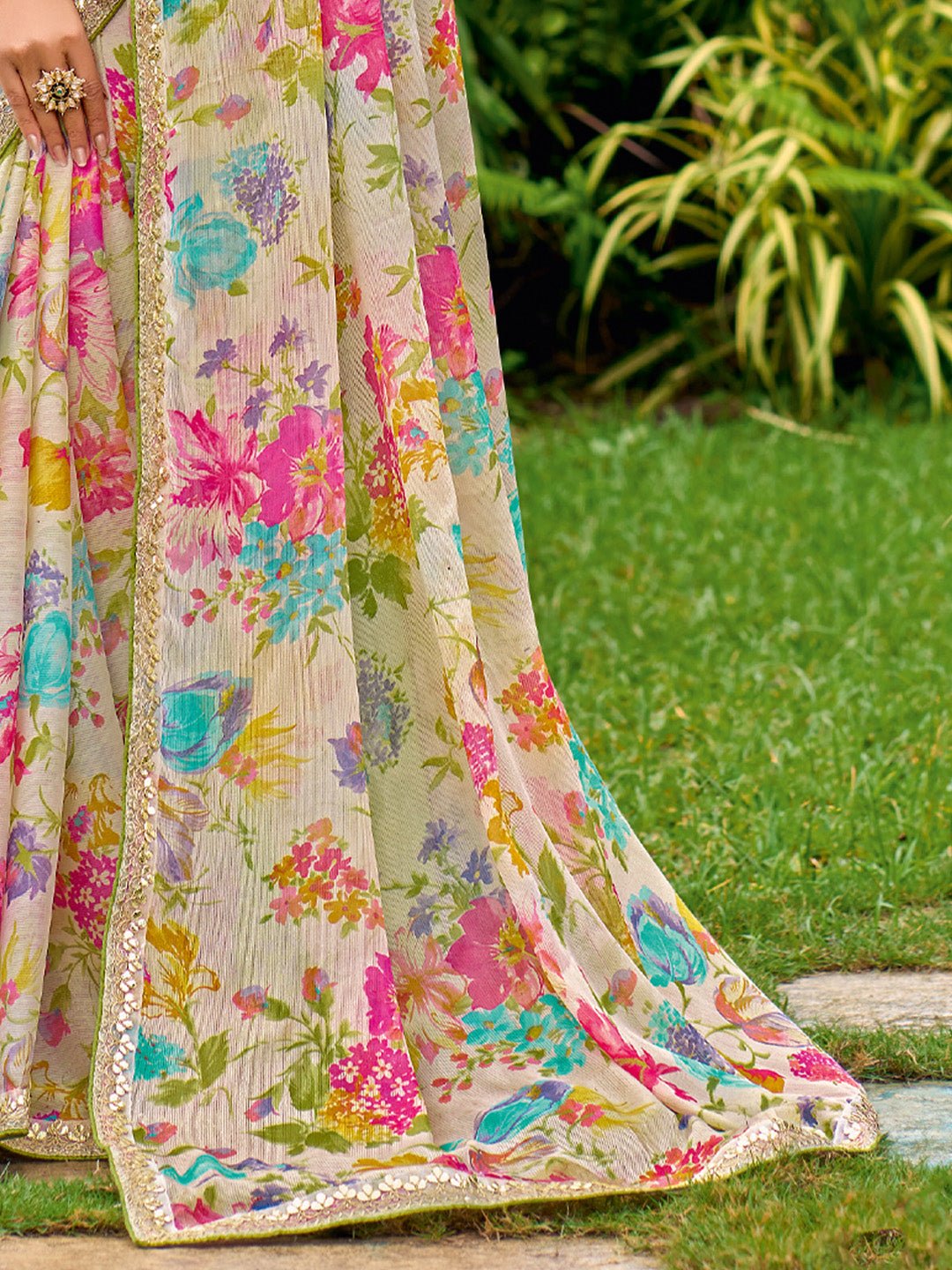 Chiffon Cream Simple Wear Saree - Ressa