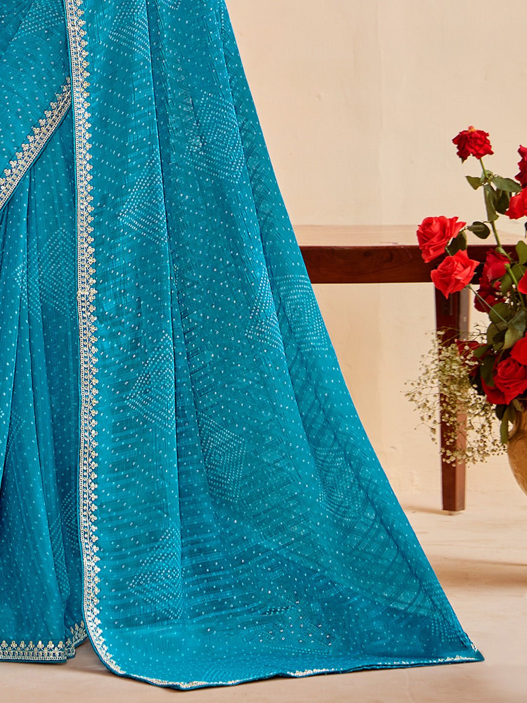 Georgette Bandhani With Embroidered Border Saree - Ressa