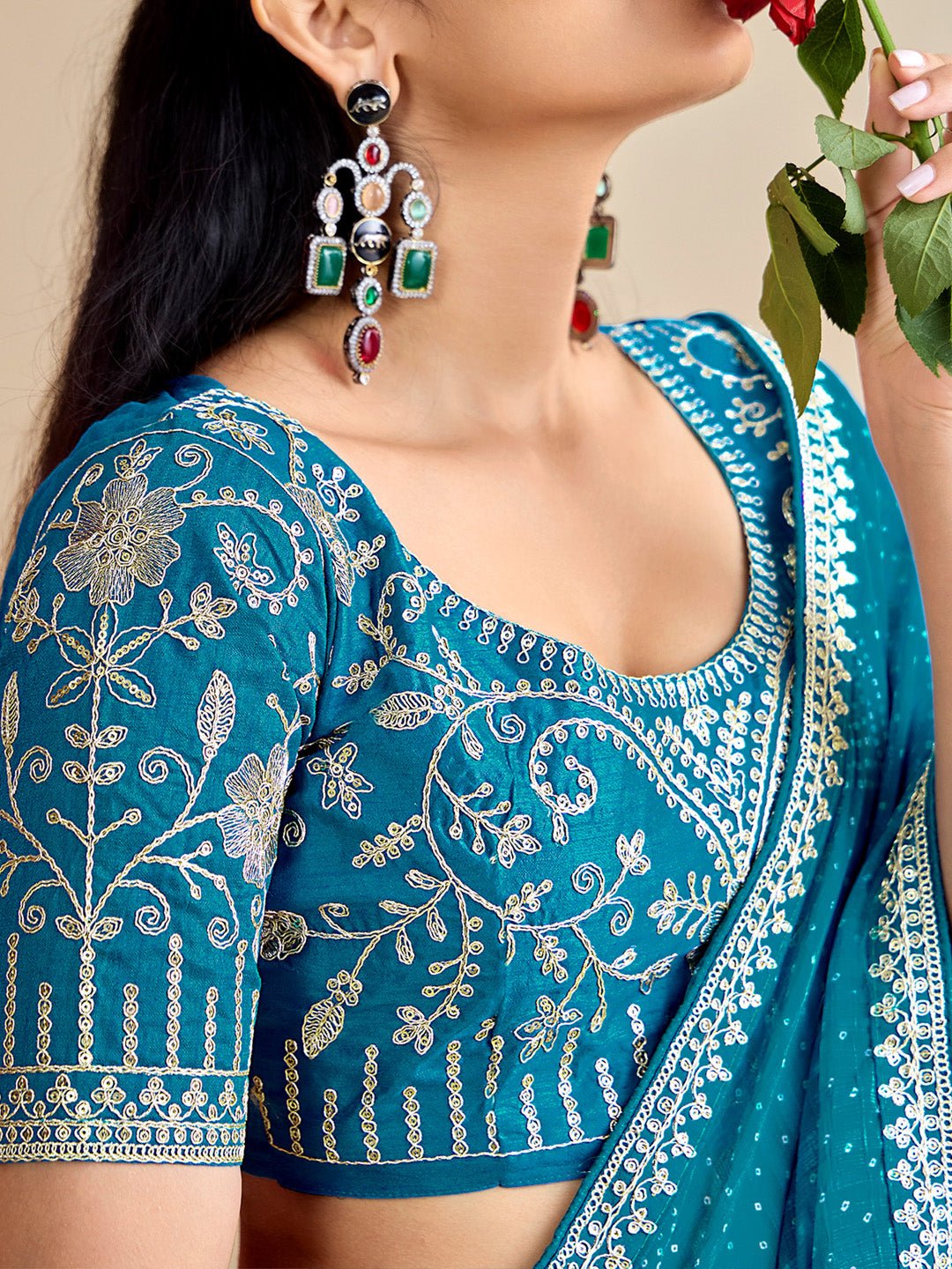 Georgette Bandhani With Embroidered Border Saree - Ressa