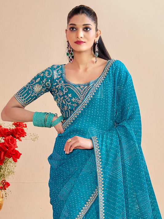 Georgette Bandhani With Embroidered Border Saree - Ressa